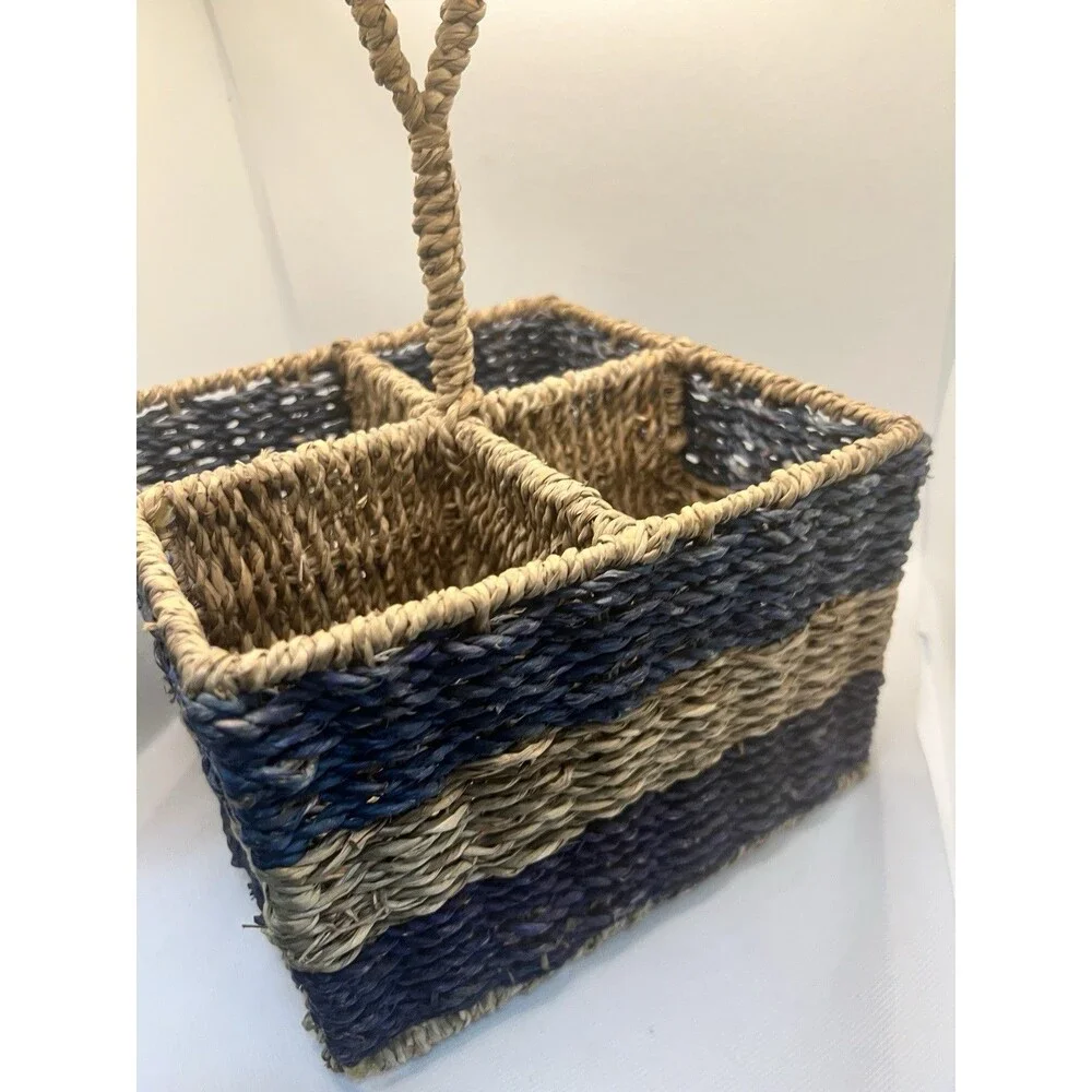 Seagrass Basket Vintage silverware caddy Blue Handle Ocean Decor summer table